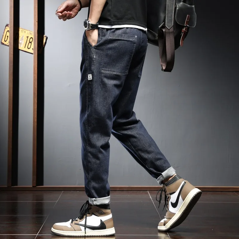 

2022 Summer Fashion Men Jeans Casual Ankle-Length Pants Blue Baggy Jean Streetwear Elastic Waist Denim Trousers