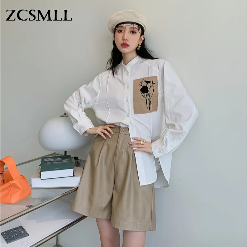 

ZCSMLL Embroidered White Button Up Shirt For Women 2021 Fashion Long Sleeve Designer Top Oversized Shirt Blouse Clothing