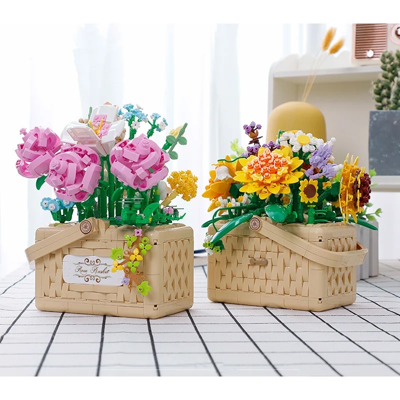 

3D Model DIY Diamond Building Block Bricks Sunflower Basket Simulation Bouquet Decoration Creative Assembling Toy for Children