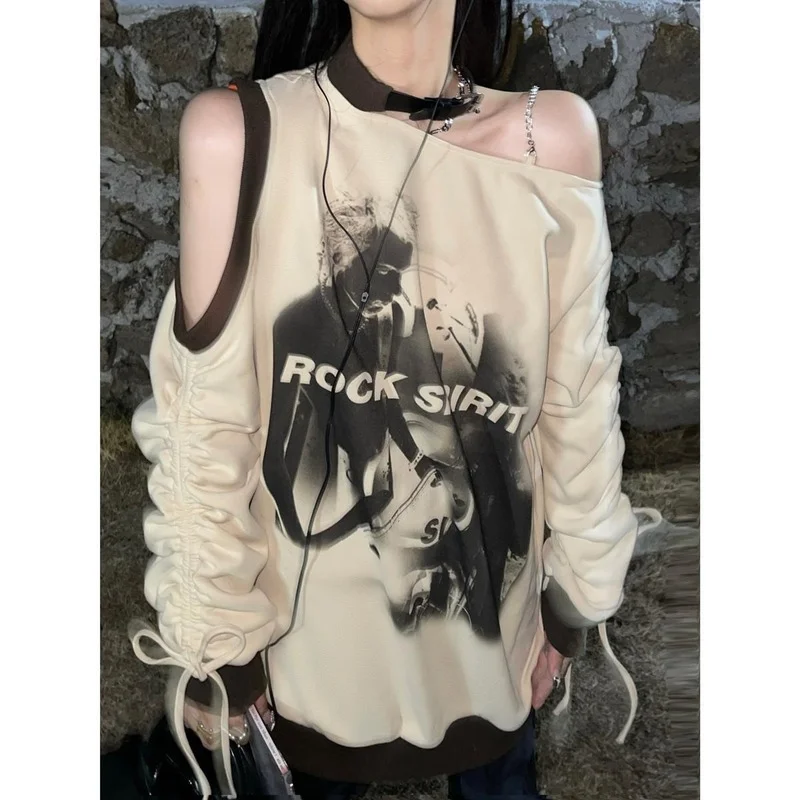 

Vintage Sweatshirt Y2k Aesthetic Off The Shoulder Harajuku Hip Hop Grunge Pullover Choker Graphic Hoodies Oversized