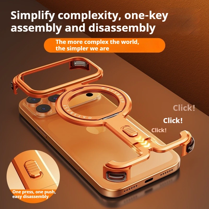Фото Металлический чехол для телефона Oatsbasf для iPhone 17 Pro/17 Pro Max с магнитной подставкой 360 °   Вращающаяся алюминиевая металлическая безрамная крышка Magsafe №3