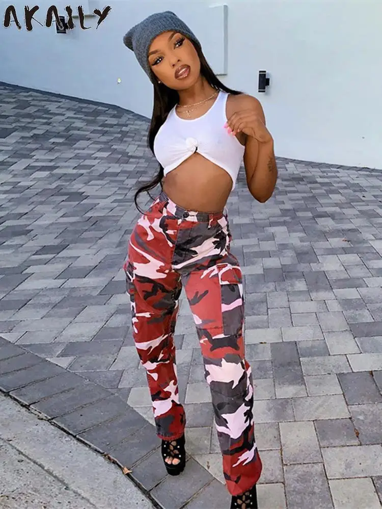 

Akaily Summer Streetwear Print Cargo Pants For Women 2022 High Waist Camo Long Trousers Female Fashion Straight Casual Pants