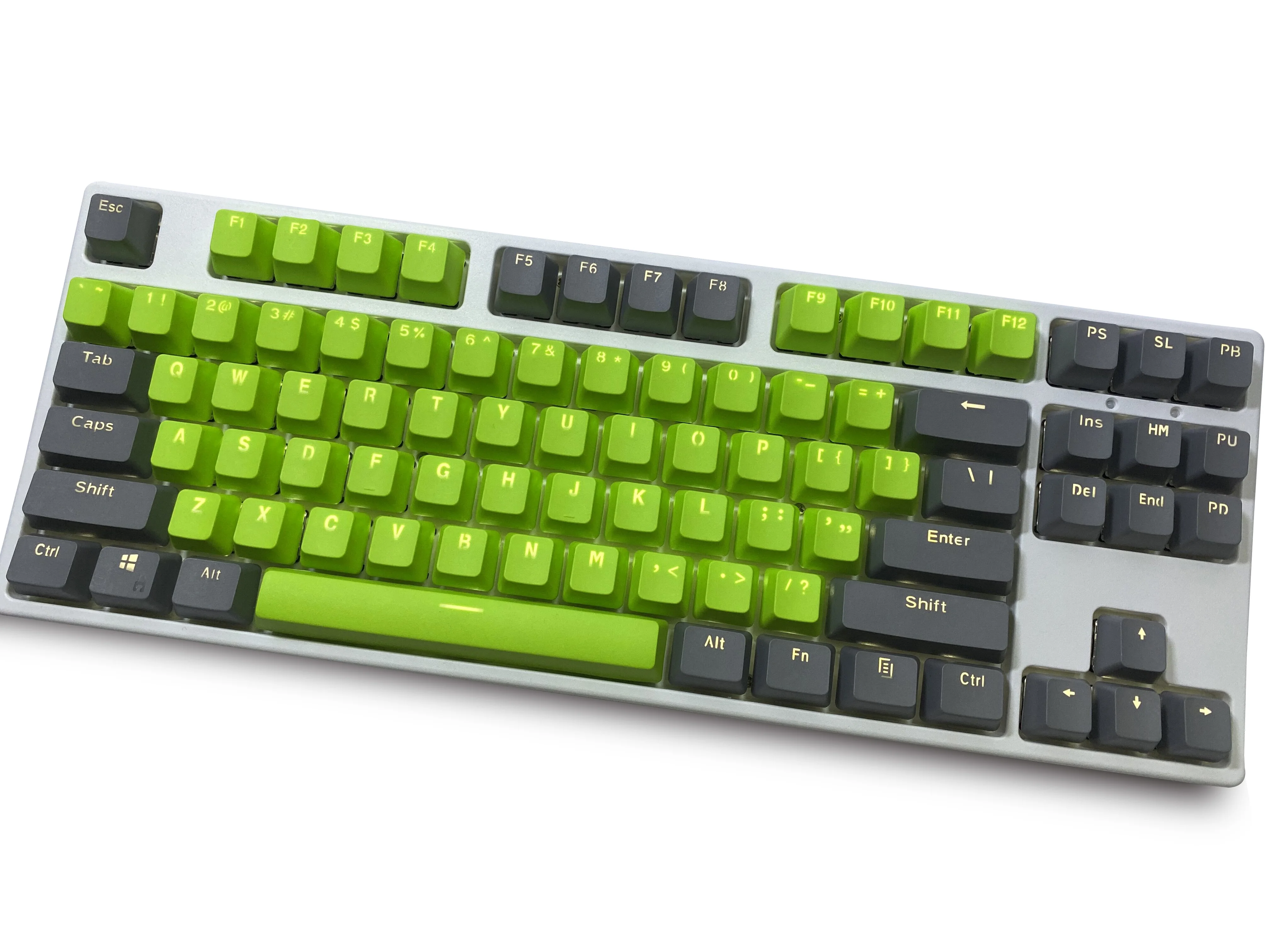 

grey green 87 Keycaps, PBT Material OEM Height Mechanical Keyboard Keycaps, Double Backlit Characters, Transparent Game Keycaps