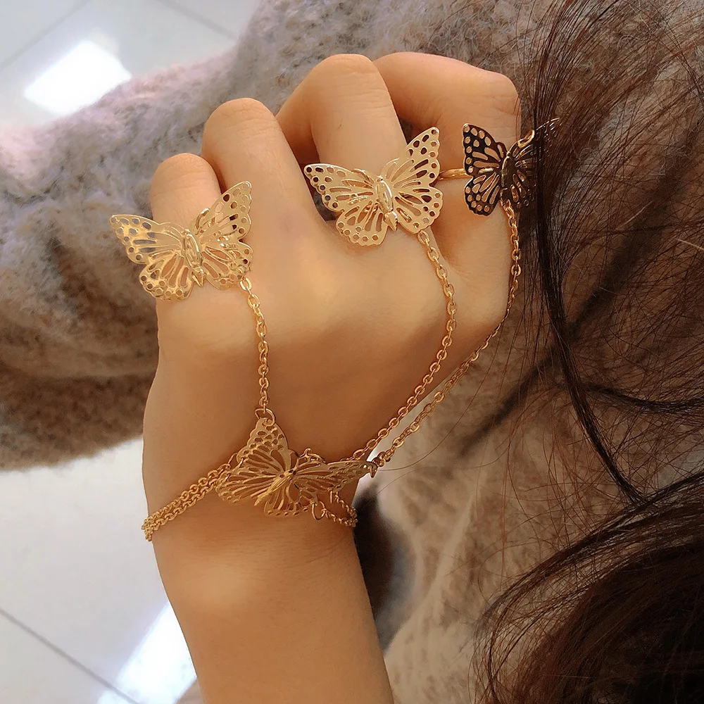 

Vintage Butterfly Link Chain Bracelet Connected Finger Ring Bangle Bracelets for Women Linked Hand Harness Wedding Jewelry Gifts
