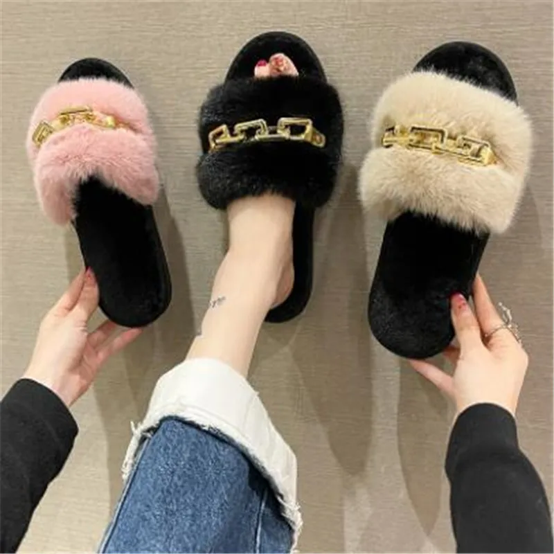 Женские домашние тапочки с цепочкой однотонные Нескользящие шлепанцы открытым