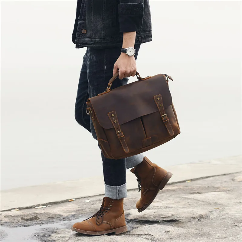 Natural genuine leather men's briefcase retro crazy horse cowhide handbag fashion work laptop brown shoulder messenger bags