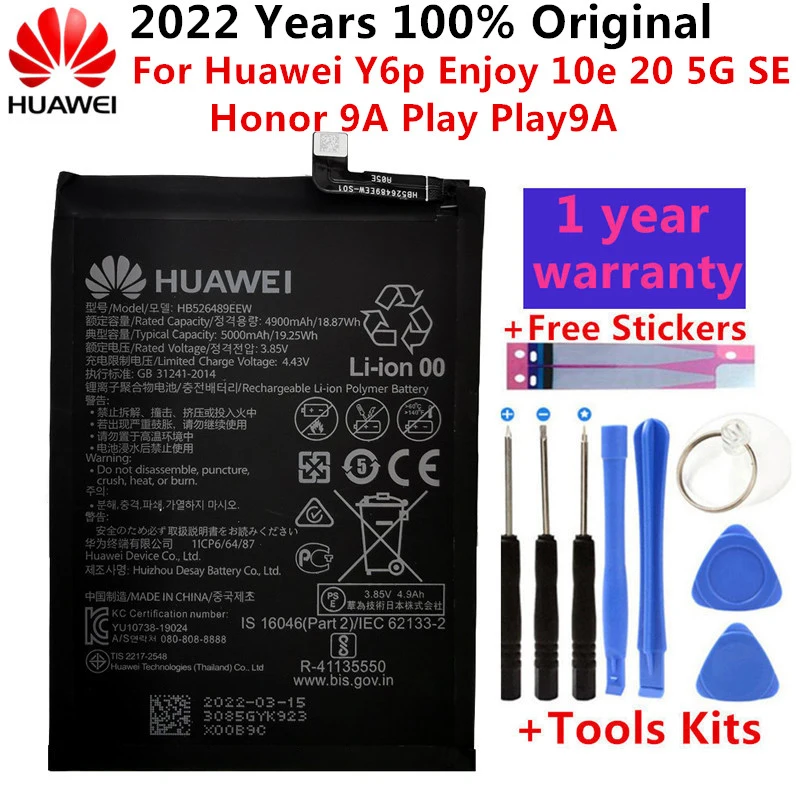 

100% Original New 5000mAh HB526489EEW Phone Battery For Huawei Y6p Enjoy 10e 20 5G SE Honor 9A Play Play9A+Tools Kits