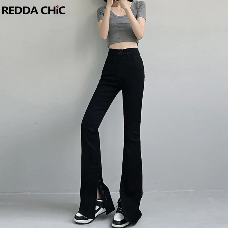 

ReddaChic Black Stretch Flared Jeans Side Slit Women Casual Bootcut Pants Denim Long Trousers