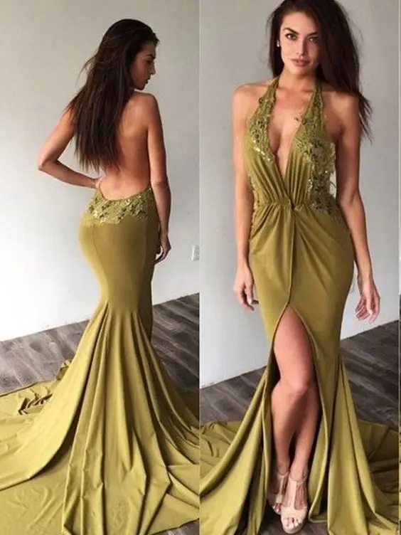 

Deep V-neck Cocktail Backless dresses Front slit Mermaid Slim fit Asymmetrical Embroidery Sexy Sweep Train Long Prom dresses