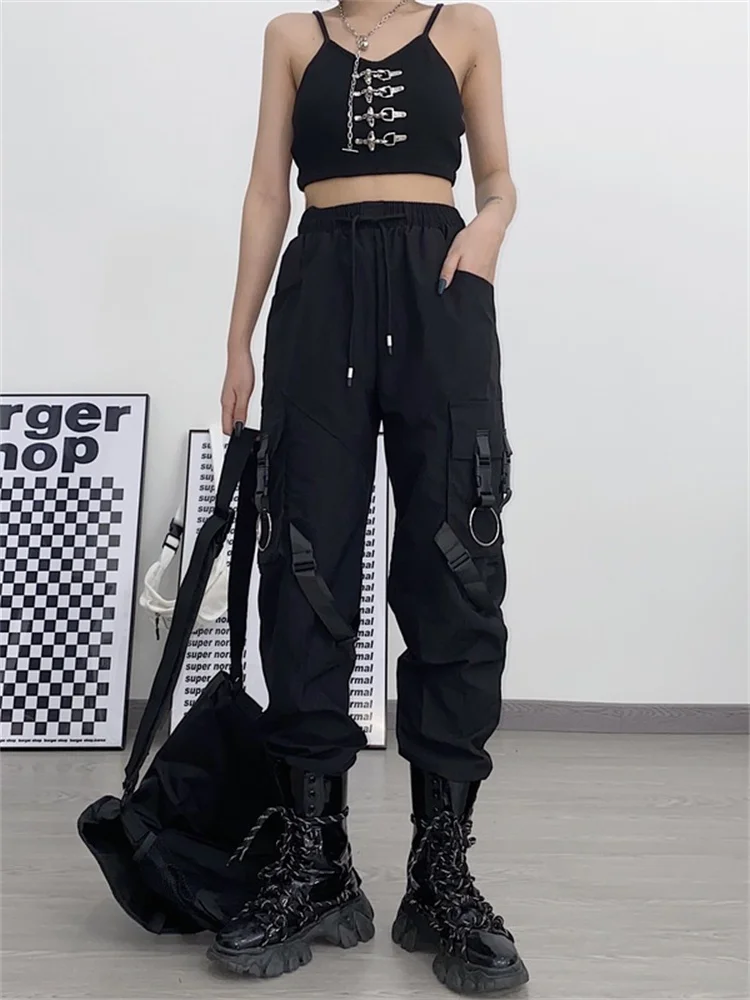 QWEEK Gothic Punk Black Cargo Pants Women Pockets Hippie Streetwear Joggers Harajuku Techwear Oversize Trousers For Female