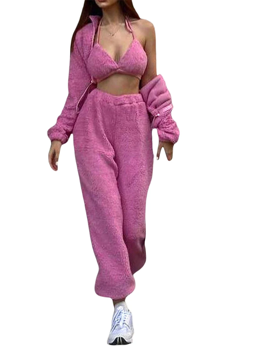 

Women s 3 Pcs Fuzzy Lounge Set Sexy Spaghetti Strap Crop Top Open Front Cardigan Wide Leg Pants Set