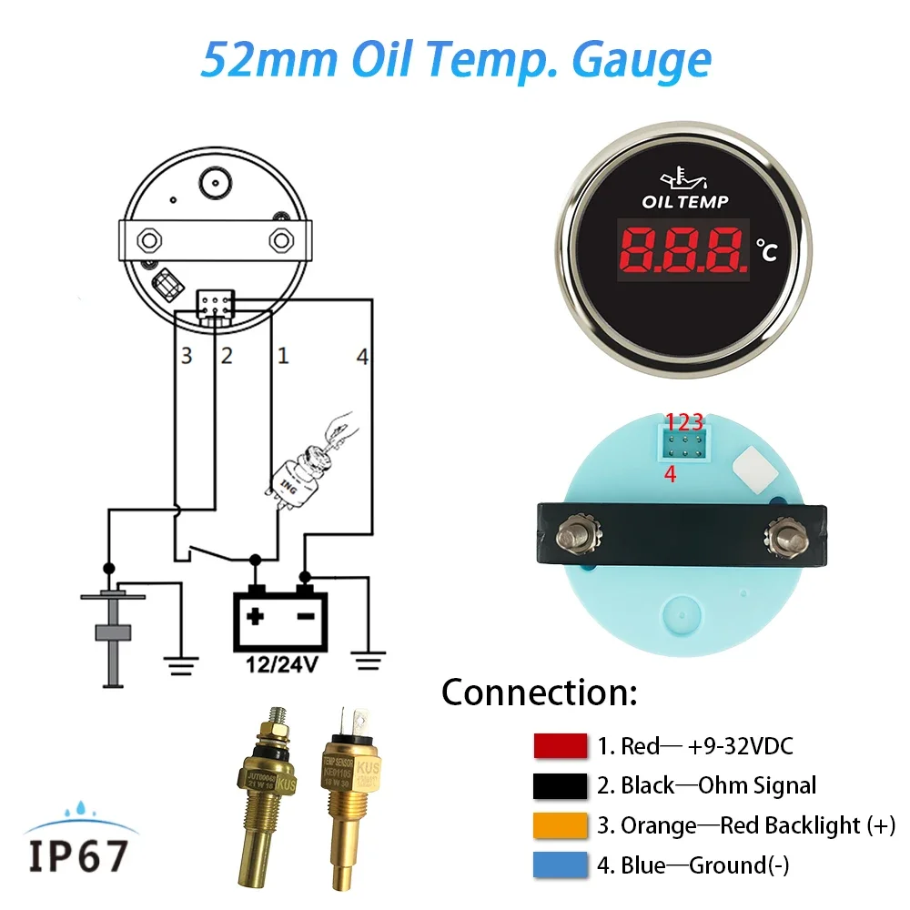 Популярный водонепроницаемый измеритель температуры масла 52 мм 50-150 ℃ с красной