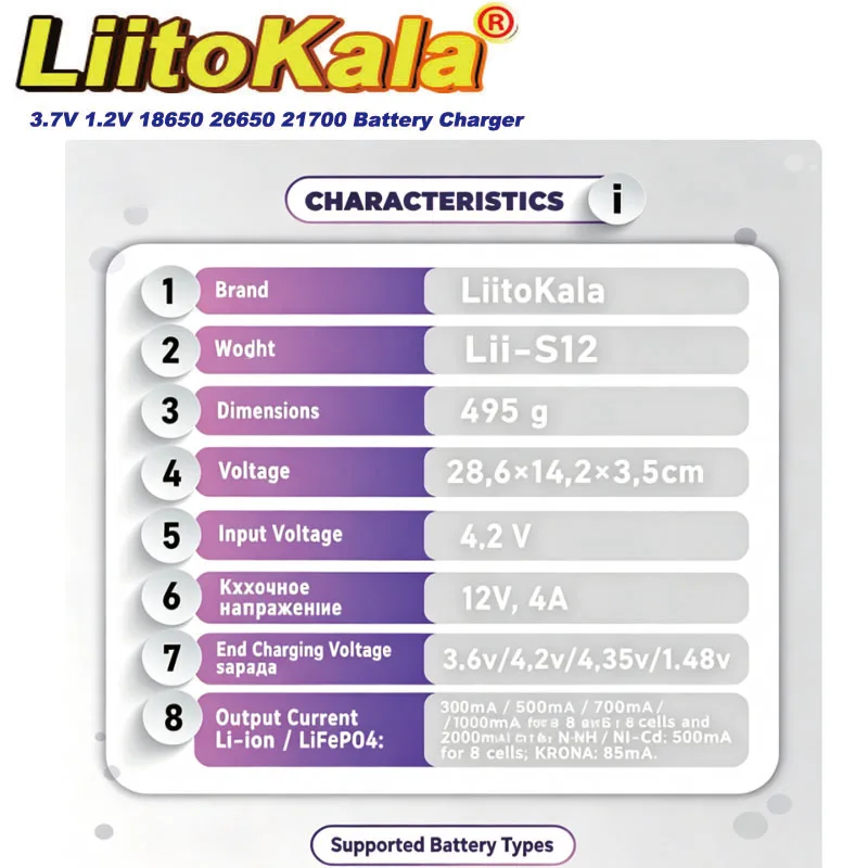 Зарядное устройство LiitoKala Lii-S12 на 12 слотов с ЖК-дисплеем для Li-ion, LiFePO4, Ni-MH, Ni-Cd, 9V, 21700, 20700, 26650, 18650, 16340, 18350, RCR123, 18700 (art.: 3920dac63edda) - 3920dac63edda