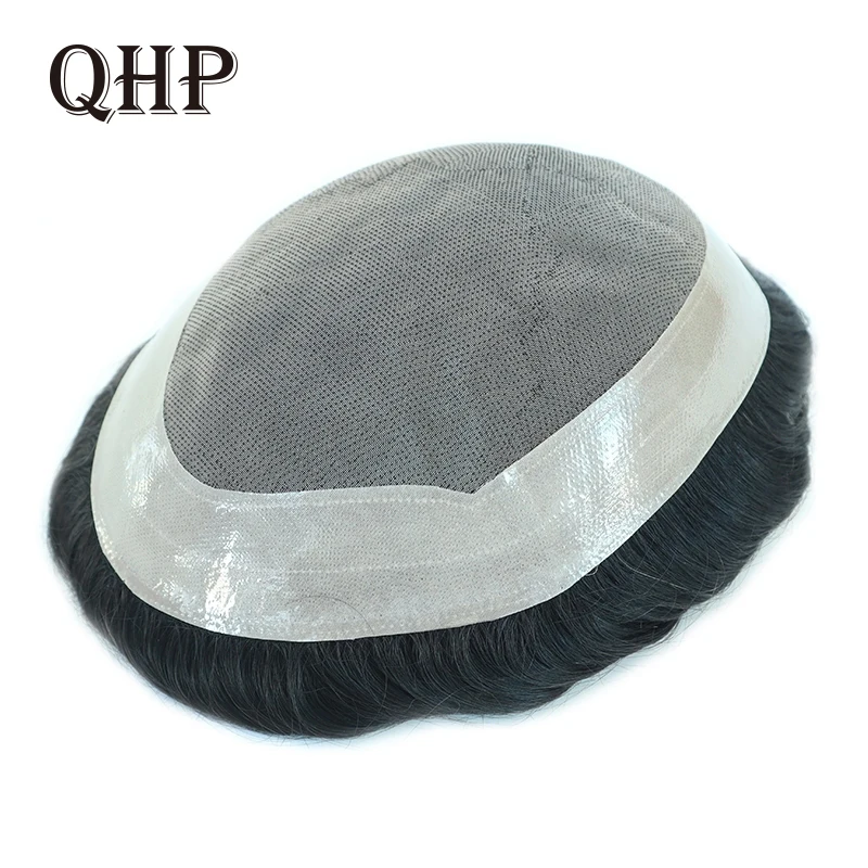 

QHP Human Hair Men Toupee Capillary Prosthesis Mono Lace NPU Hairpiece Natural Indian Remy Hair Men Wigs Replacements System
