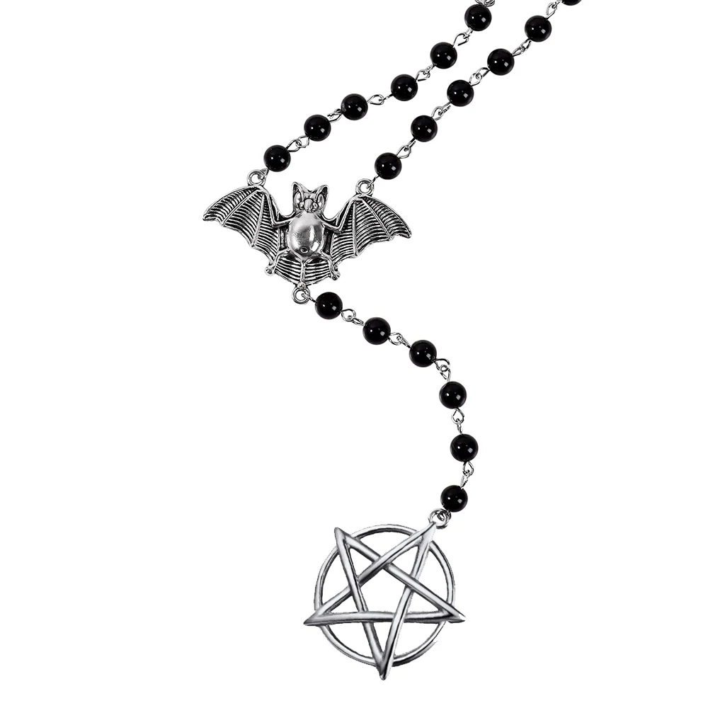 

Gothic Silver Bat Pendant Pagan Pentagram Pendant Necklace Exquisit Cool Showing Temperament Rosary Necklace Halloween Gift