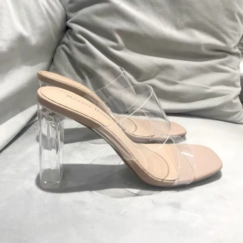 

Hot 2023 Summer Pumps Sandals PVC Jelly Slippers Open Toe High Heels Women Transparent Perspex Slippers Shoes Heel Clear