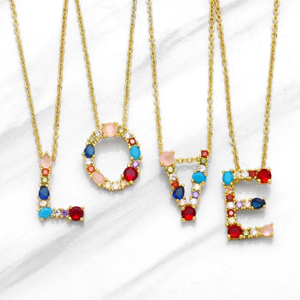 

Rainbow Crystal Initial Necklace for Women Copper Zircon A-Z Alphabet Letter Necklace Fashion Name Jewelry Gifts nkep25