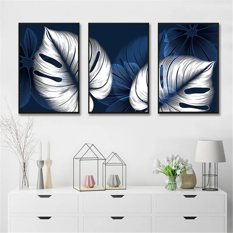 

Modern Blue White Plant Leaf Posters Print Abstract Art Home Decor Picture Wall Art Canvas Painting Nordic Living Room Decor