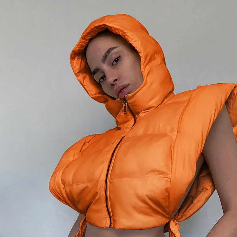 Streetwear Cropped Warm Thicken Parka Jackets Women Y2k Clothing Spring Autumn Side Hollow Zipper Hooded Vest Bubble Puffer Coat