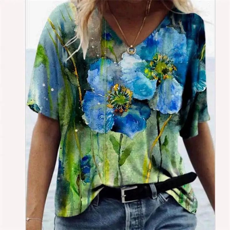 

Print Shirt Casual V-Neck Tops Plus Size Womens Boho Short Sleeve Ladies Blouse