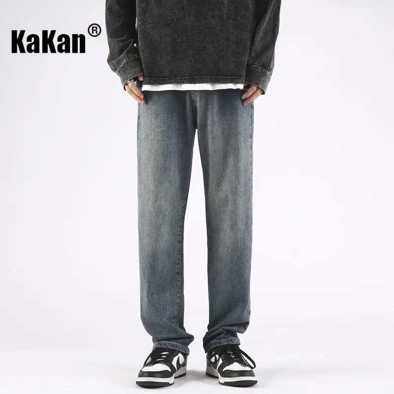 Kakan - Spring and Summer New High Street Yellow Mud Dyed Jeans Men's Wear, Straight Stretch Made Old Casual Jeans K024-LQS907