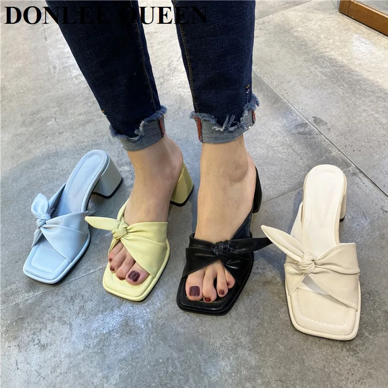 

Женские шлепанцы с бантом, сандалии на среднем толстом каблуке, квадратный носок, брендовые босоножки, лето 2022