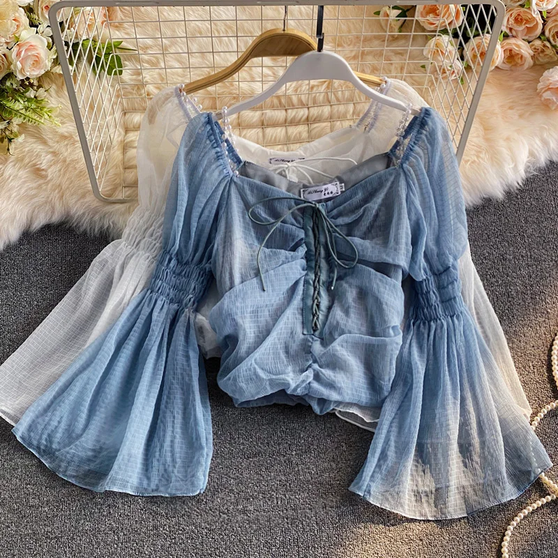 

2023 Summer French Style Chiffon Shirts Chic Square Collar Flare Long Sleeve Pleated Drawstring Slim Short Women's Blouse