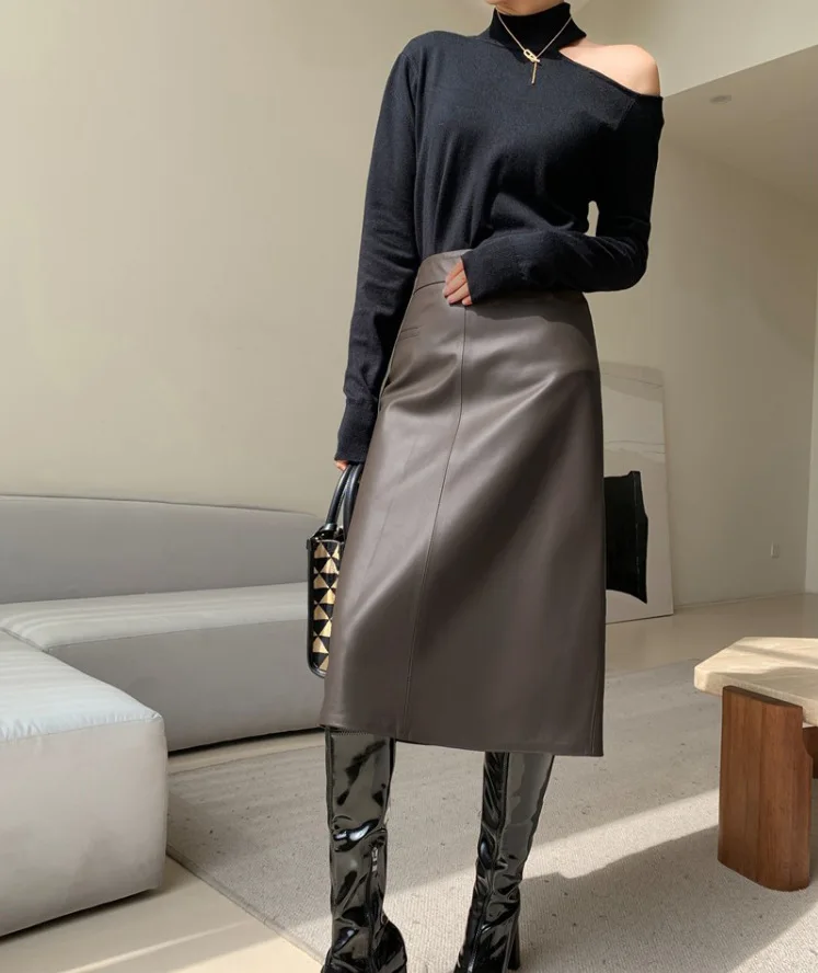 Женская юбка из натуральной овечьей кожи средней длины с высокой талией 2024