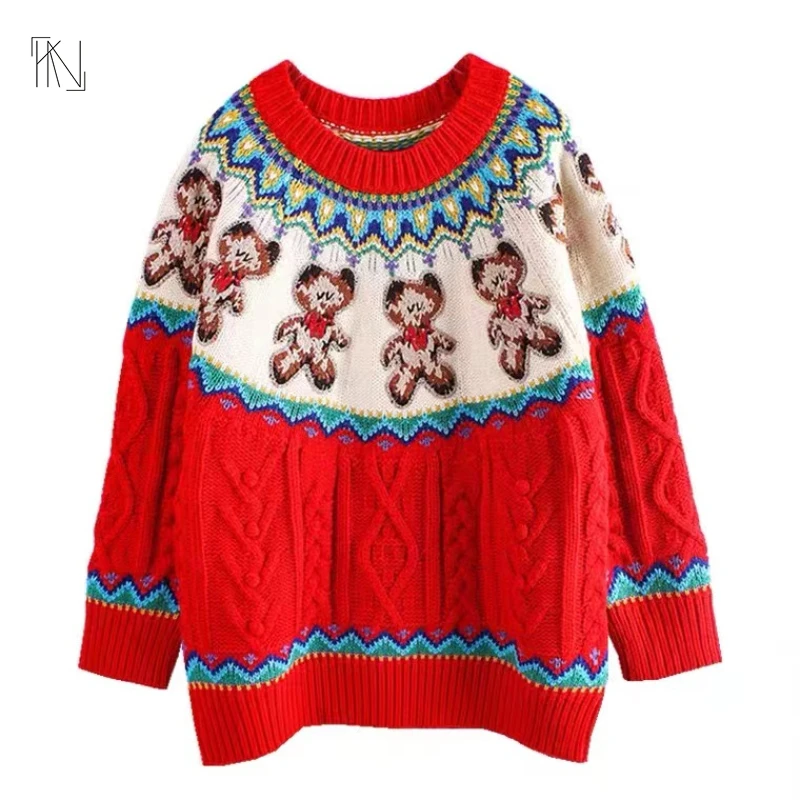 Hand Hooked Cartoon Teddy Bear Patchwork Colour Long Sleeve Knitted Pullover2022 Autumn New Women French Round Neck Loose Jumper