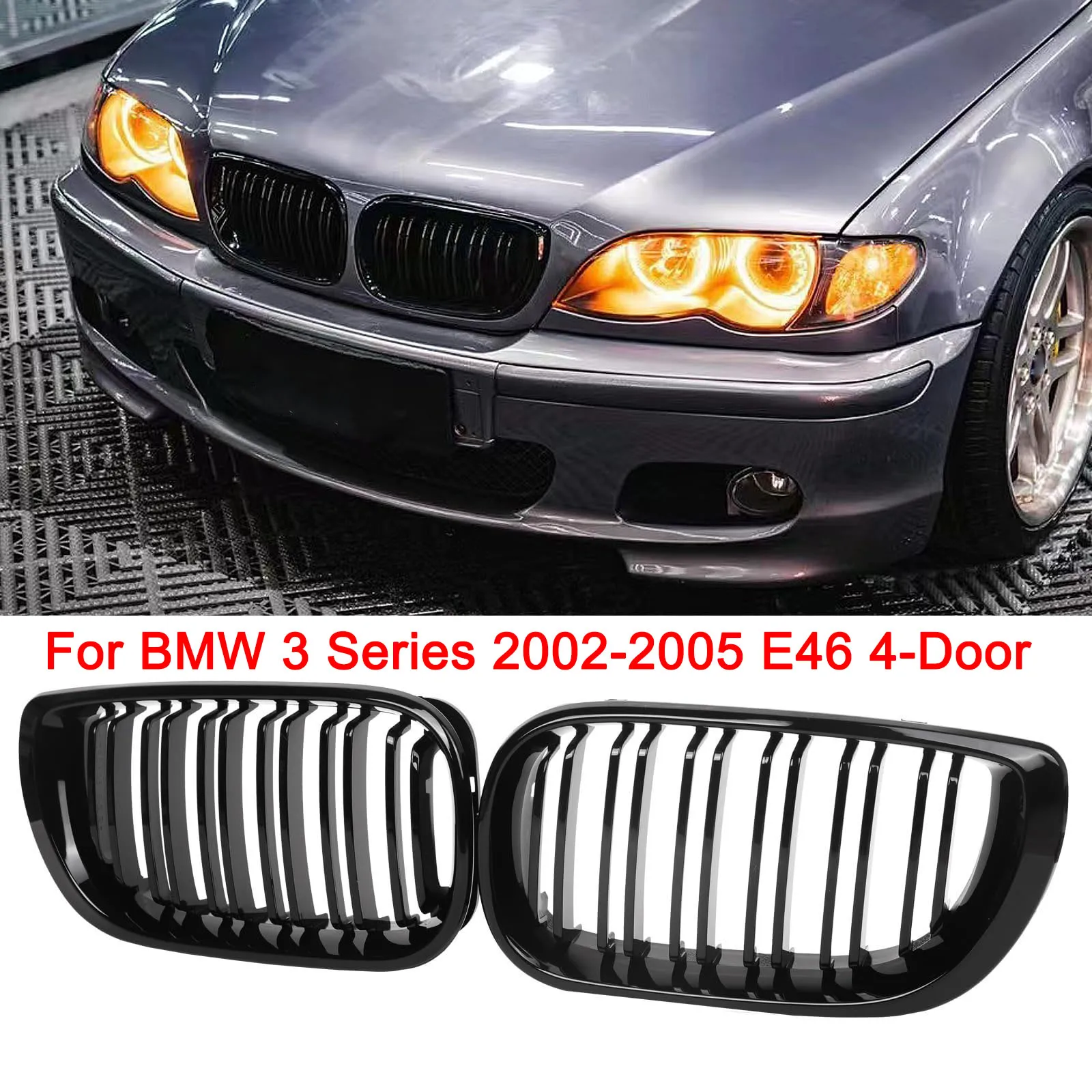 

E46 Решетка передняя решетка для почек для BMW 3 серии 2002-2005 E46 4-дверная 320i 325i 325xi 330i 330xi Черная решетка с двойными планками