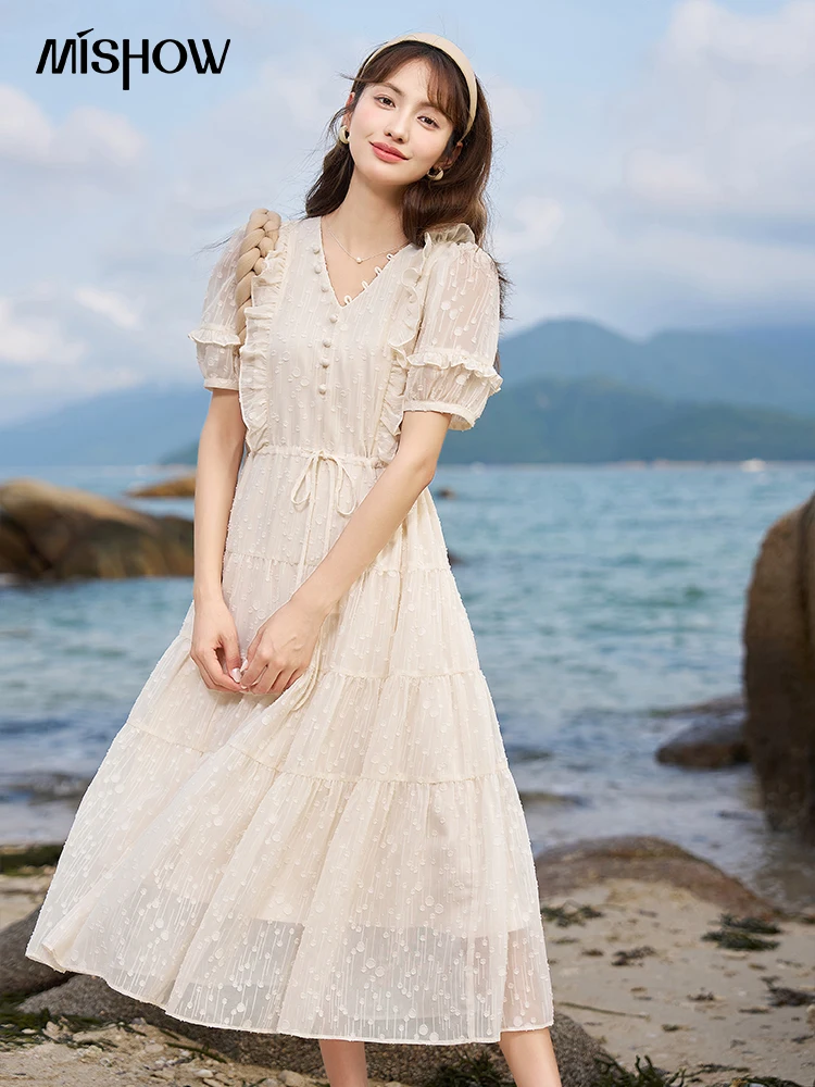 MISHOW Elegant Dresses for Women 2023 Summer Vintage High Waist Butterfly Sleeve A-line V-Neck Fashion Long Dress MXC34L1314
