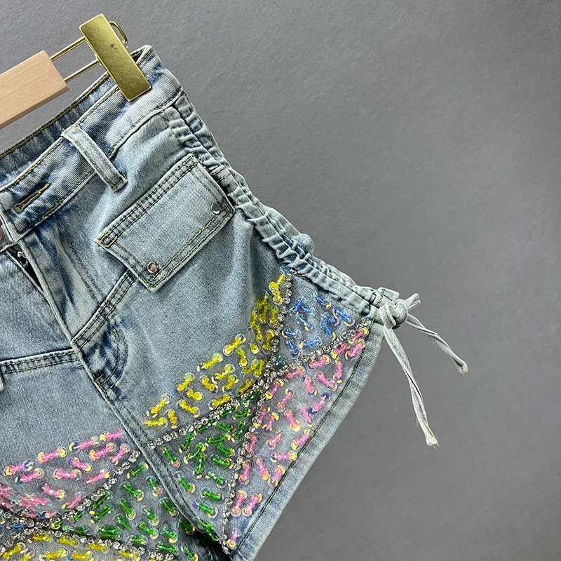 Sequined Denim Shorts For Women 2023 Summer Stretch High Waist Slim Fit Slimming Exquisite Rhinestone Wide Leg Jeans Hot Pants