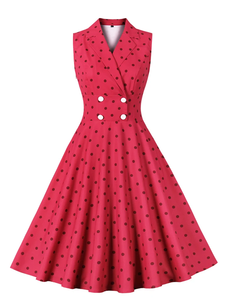 

2023 New Elegant Office Women Summer Dress Casual Notched Collar Sleeveless Double-Breasted Polka Dot Print Vintage Midi Dresses