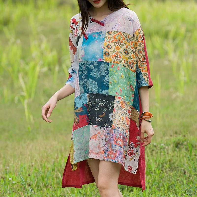 Cotton Linen Women's New Summer Top Chinese Style Retro Patchwork Loose Casual Bat's-Wing-Sleeved Shirt
