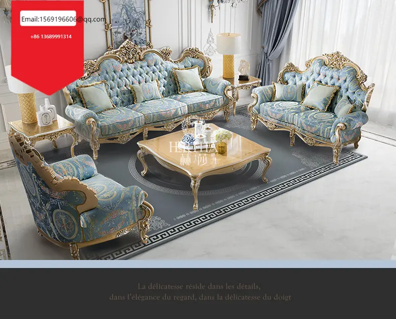 

Palace Rococo French luxury European-style fabric sofa high-grade villa Neoclassical carving with silver foil P1