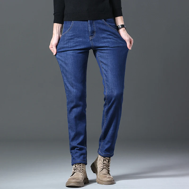 Winter 2022 Warm Men Clothing Slim Stretch Cotton Plush Solid Color Straight Leg Jeans Winter Snow Thickened Outdoor Denim Pants