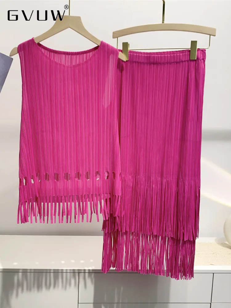 

GVUW Tassel Pleated Two Piece Sets For Women O-neck Sleeveless Tops Elastic Waist Skirt Solid Color Clothing 2023 Summer 17J0791
