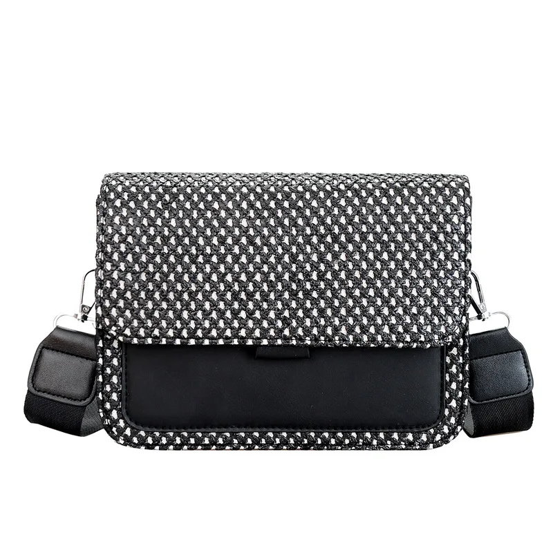 Women  New Fashion Fashionable Spliced Small Square Bag Wide Shoulder Strap Single Shoulder Crossbody Bag