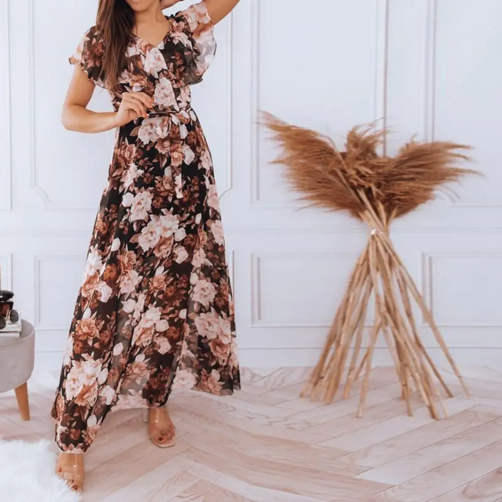 

Платье женское с V-образным вырезом, элегантный свободный сарафан с коротким рукавом, на шнуровке, Пляжное праздничное длинное, уличная одеж...