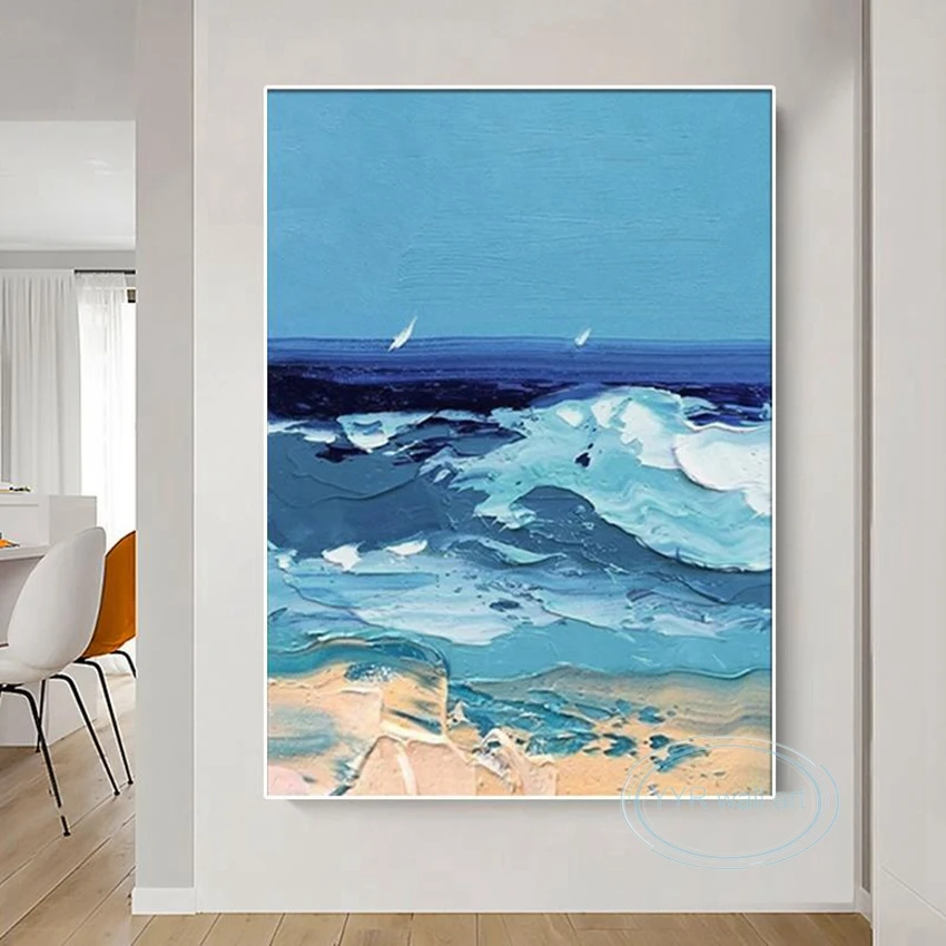 

Абстрактная картина маслом морской пейзаж, ручная работа, холст, настенный художественный декор, висячий постер, домашняя эстетика, роспись...