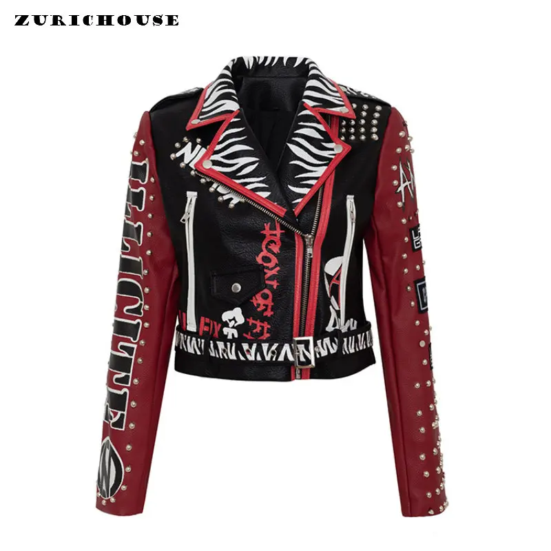 

Graffiti Print Motorcycle Leather Jacket Women 2023 Trend Punk Rivets Streetwear Black Red Stitched Faux Leather Cropped Jacket