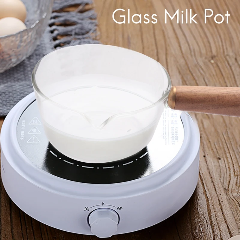 Стеклянная молочная кастрюля с деревянной ручкой 400 мл для приготовления салата