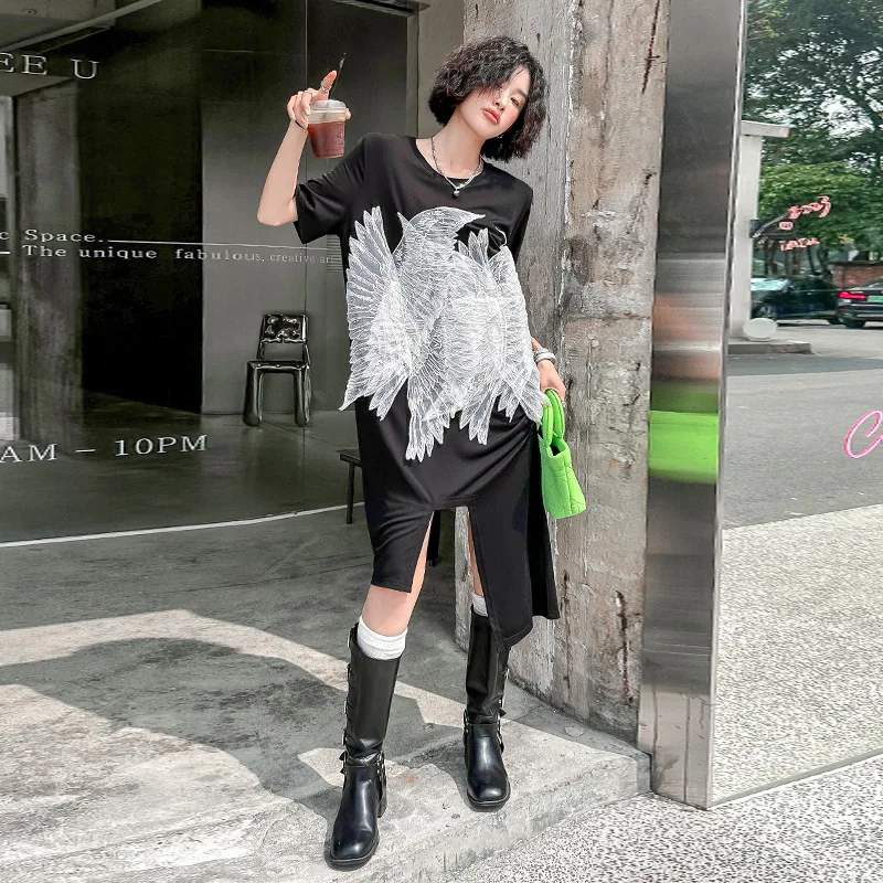 

American Vintage Spliced Wing Short Sleeve O-neck Irregular Tshirt Dress Women 2023 Summer Streetwear Hip Hop Loose Dresses 1022