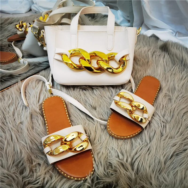 

Summer Big Buckle Chain Ladies Slippers Sandals Home Flat Women's Shoes Casual Beach Flip Flops Fashion Shoes Bag Set Slides