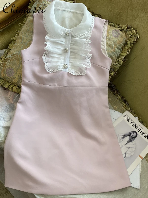 

2022 Summer New Fashion Sleeveless Dress Women French Sweet Elegant Pink Ruffled Collar Short Peter Pan Collar A-line Dress