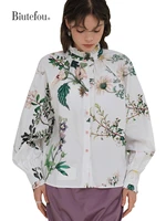 2022 spring women plant flower print pleated collar cotton shirt