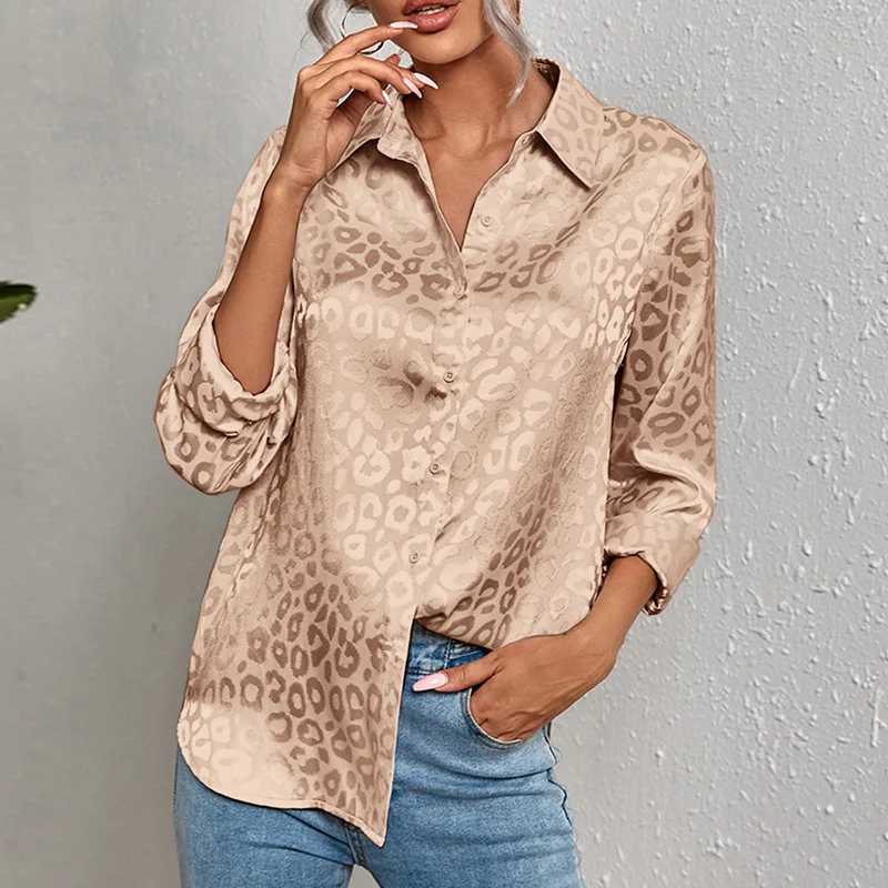 

2023 New Spring Office Lady Tops Long Sleeve Leopard Jacquard Blouse Turn Down Collar Button Shirt Autumn Fashion Tops Elegant