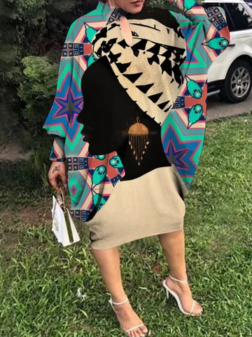 Autumn Women Fashion Loose Europe Head Portrait Print Sexy Mid-calf Dress Wrinkle Bat Sleeve Bohemian Party Evening Clothing