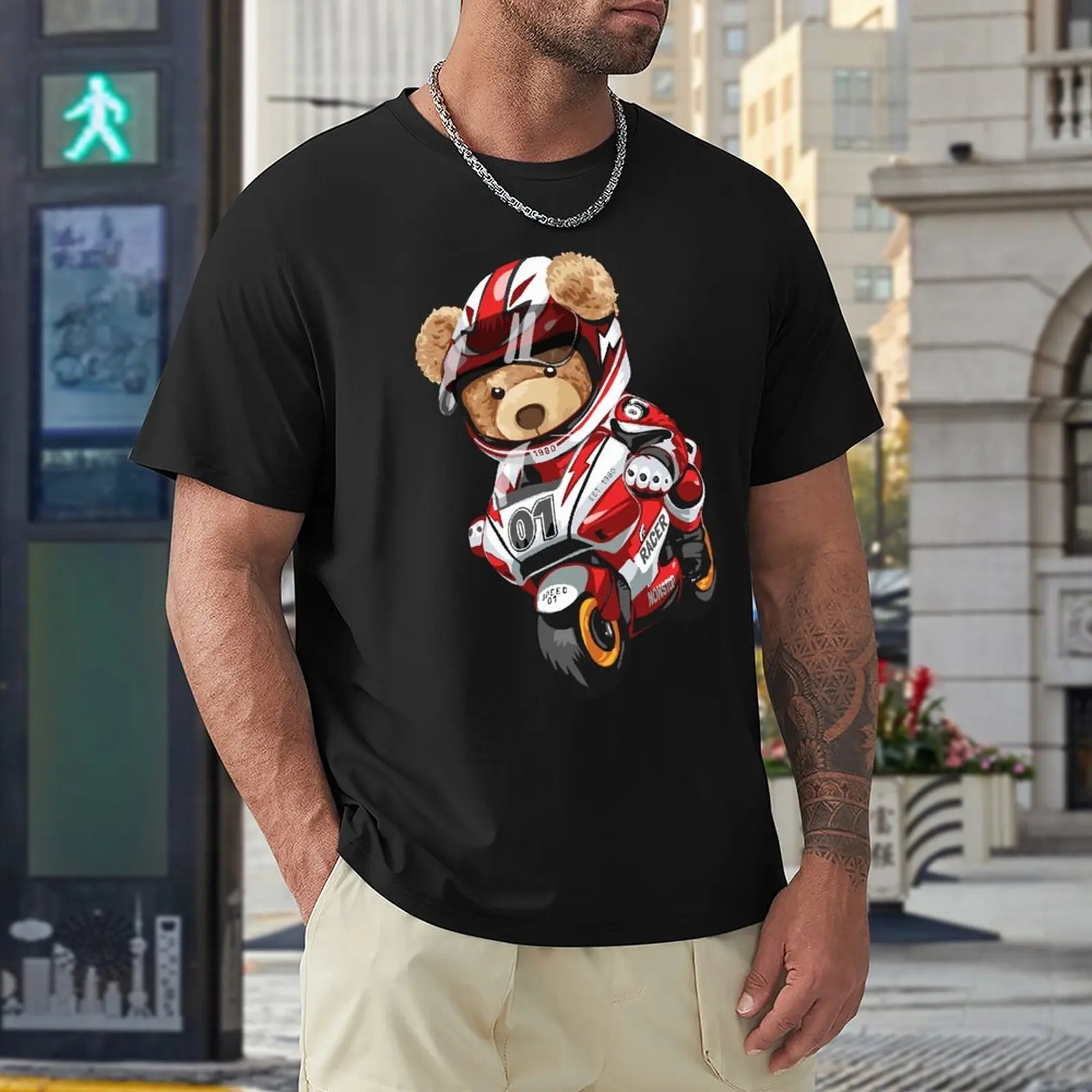 

Teddy Bear Riding Racing Motorbike T Shirts Men Shirt Fashion Clothes Graphics Sweatshirt 100% Cotton TShirts Tee Top