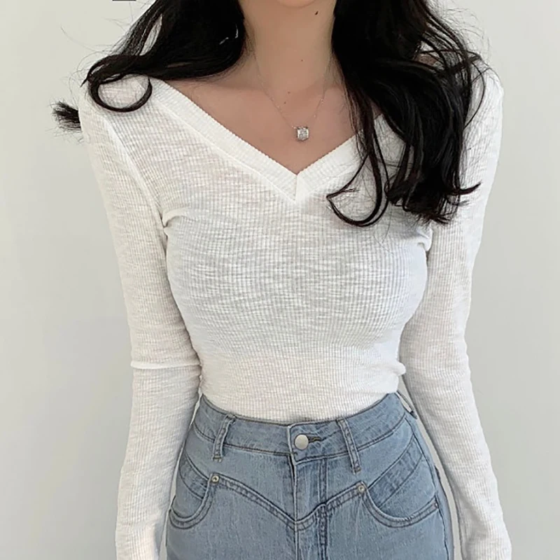 

T Shirts Women 2022 Spring New Fashion Ribbed White Basic Casual Tops Female V Neck Low-cut Skinny Thin Sexy T-Shirt Tees Femme